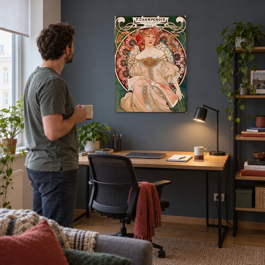 Slika na platnu F. Champenois – plakat – Alfons Mucha u radnoj sobi