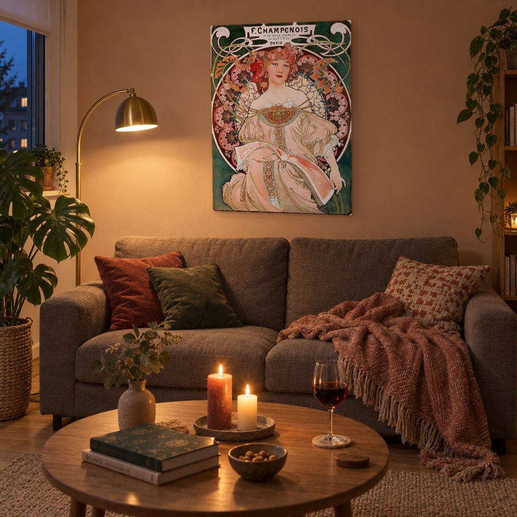 Slika na platnu F. Champenois – plakat – Alfons Mucha u dnevnoj sobi