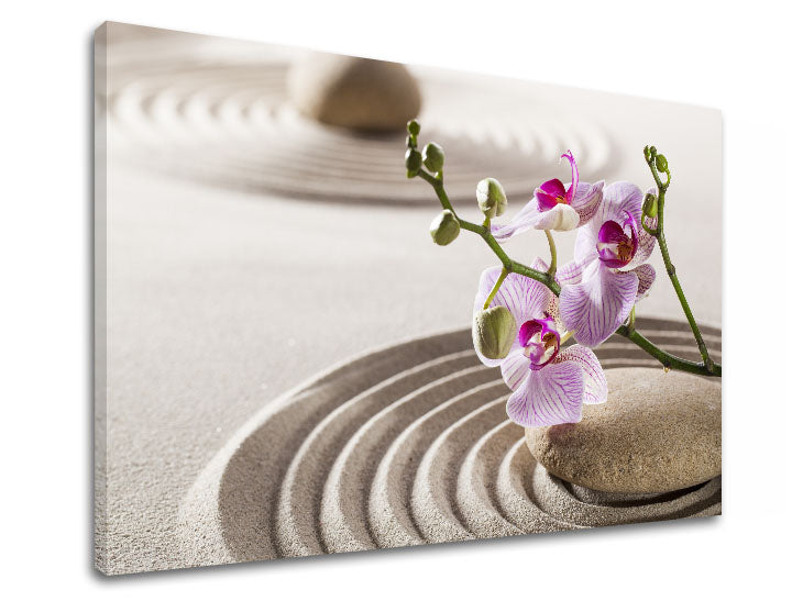 Klasičan slika na platnu s motivom FENG SHUI, orhideja, zen bašta, arhitektura, dječji motiv u ružičastih nijansama, mirna atmosfera, pogodan za dnevnog boravka – proizvod