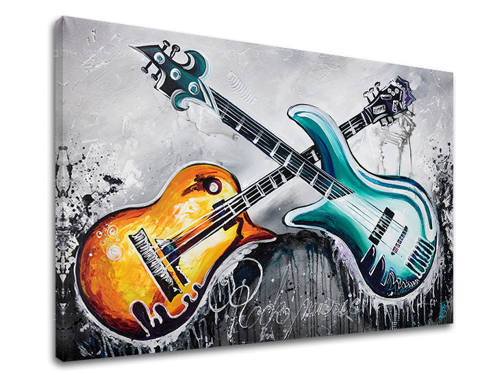 Pop art slika na platnu s motivom GITARY 1 dijelni, muzički motiv, pejzaž, mapa, priroda u plavo-narandžastih nijansama, energična atmosfera, pogodan za radne sobe – glavna