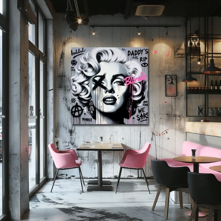 Moderan slika na platnu s motivom Hollywoodska Legenda Marilyn Monroe u ružičastih nijansama, drska atmosfera, slava, pogodan za dnevnog boravka | Slika na platnu - Hollywoodska Legenda Marilyn Monroe