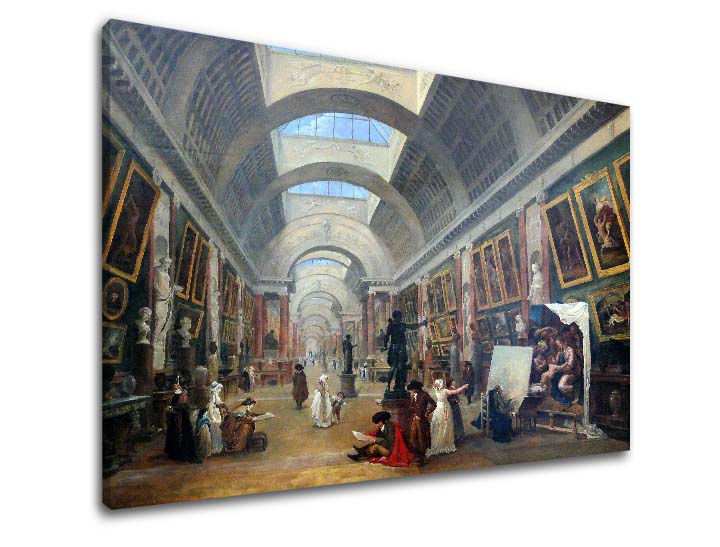 Vintage slika na platnu s motivom Hubert Robert - Projekt Grande Galerie du Louvre, mapa u smeđe-plavih nijansama, svečana atmosfera, pogodan za hodnika – proizvod
