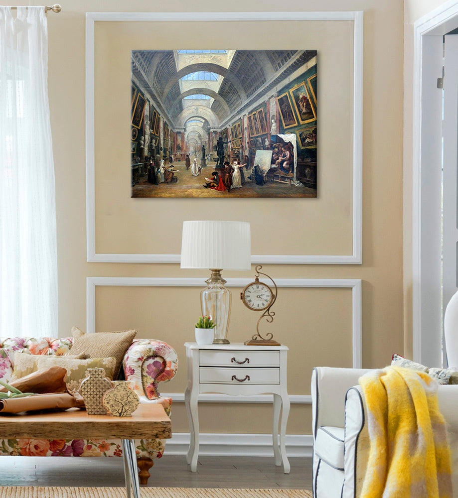 Vintage slika s motivom Hubert Robert - Projekt Grande Galerie du Louvre, mapa u smeđe-plavih nijansama | Slika na platnu Hubert Robert - Projekt Grande Galerie du Louvre – pregled