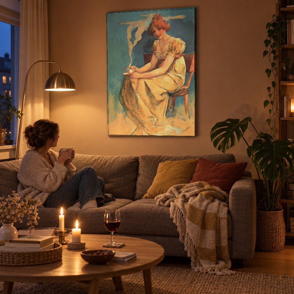 Slika na platnu Kafa – Alfons Mucha u dnevnoj sobi