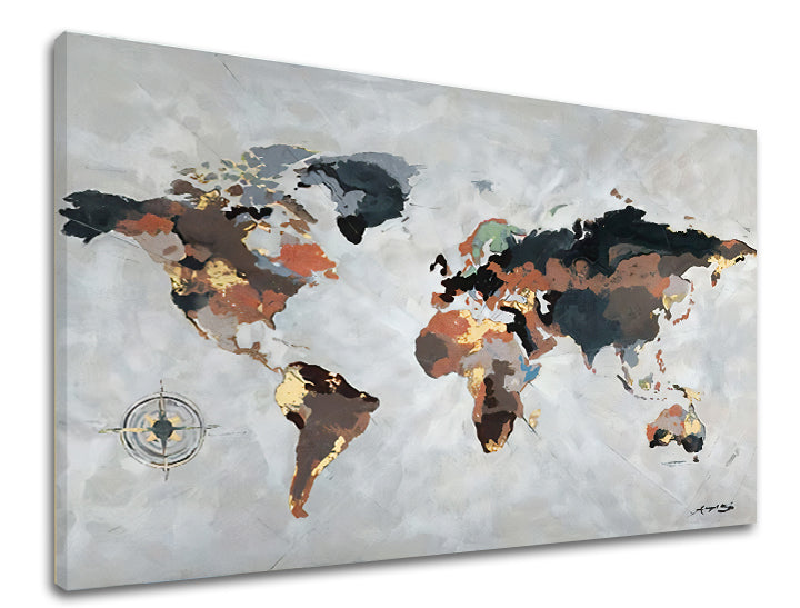Industrijski slika na platnu s motivom MAPA SVETA, mapa u smeđe-sivih nijansama, sofisticirana atmosfera, pogodan za kancelarije | Slika na platnu MAPA SVETA – proizvod