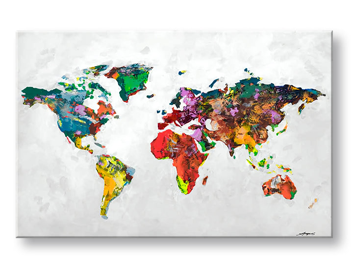 Pop art slika na platnu s motivom MAPA SVETA, mapa u višebojnih nijansama, živahna atmosfera, pogodan za kancelarije | Slika na platnu MAPA SVETA – glavna