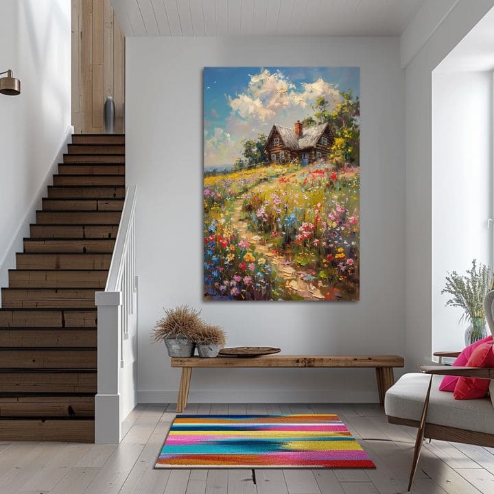 Pop art slika na platnu s motivom Chalúpka v cvjetnom poli, nebo, drveće, dječji motiv, životinja u plavo-ružičastih nijansama, pogodan za dnevnog boravka – proizvod, pogled 2