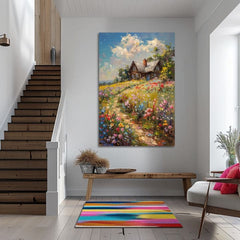 Pop art slika na platnu s motivom Chalúpka v cvjetnom poli, nebo, drveće, dječji motiv, životinja u plavo-ružičastih nijansama, pogodan za dnevnog boravka – proizvod, pogled 2