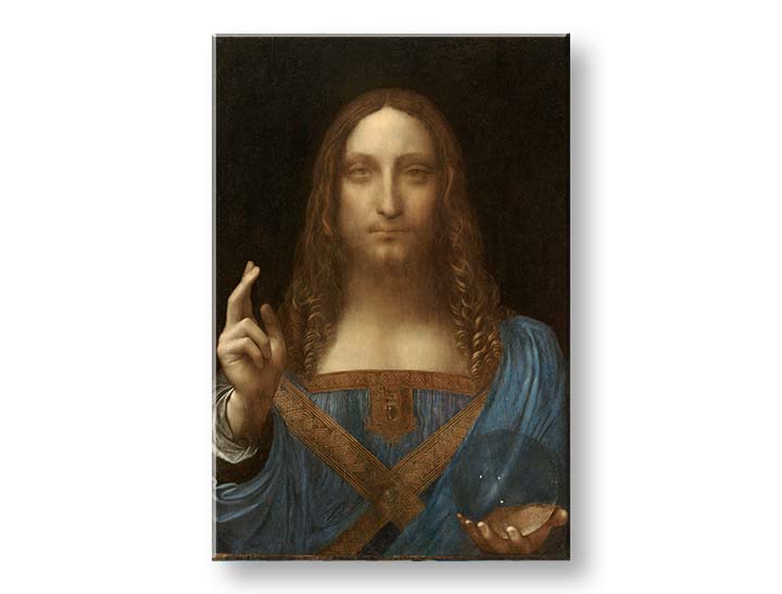 Vintage slika na platnu s motivom Leonardo da Vinci - Salvator Mundi, mapa, priroda u plavo-zlatnih nijansama, svečana atmosfera, pogodan za dnevnog boravka – proizvod