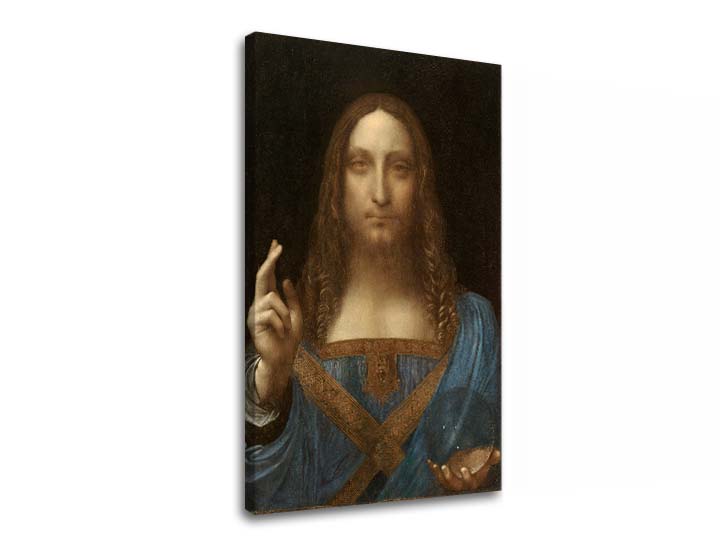 Vintage slika na platnu s motivom Leonardo da Vinci - Salvator Mundi, mapa, priroda u plavo-zlatnih nijansama, svečana atmosfera, pogodan za dnevnog boravka – glavna