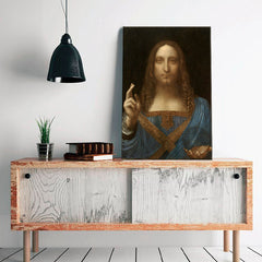 Vintage slika na platnu s motivom Leonardo da Vinci - Salvator Mundi, mapa, priroda u plavo-zlatnih nijansama, svečana atmosfera, pogodan za dnevnog boravka – proizvod, pogled 2