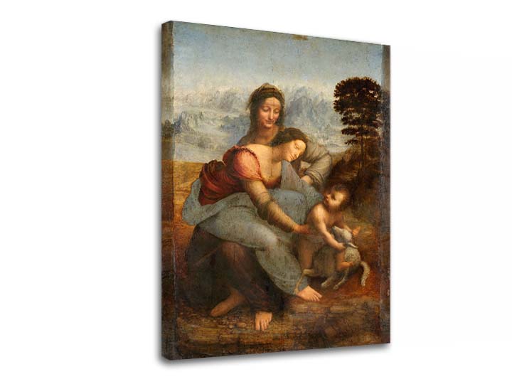 Vintage slika na platnu s motivom Leonardo da Vinci - Svatá porodica so svatou Annou, dijete, pejzaž u plavo-zelenih nijansama, pogodan za hodnika – proizvod