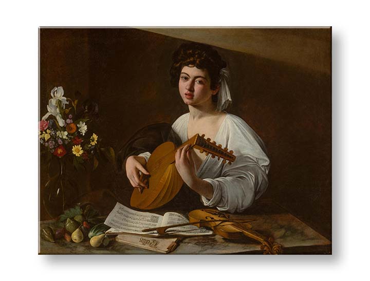 U boho stilu slika na platnu s motivom Michelangelo Caravaggio - Lutnista, cvijeće, violina, muzički motiv, priroda u bijelo-zlatnih nijansama, pogodan za kuhinje – proizvod, pogled 2