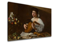U boho stilu slika na platnu s motivom Michelangelo Caravaggio - Lutnista, cvijeće, violina, muzički motiv, priroda u bijelo-zlatnih nijansama, pogodan za kuhinje – proizvod