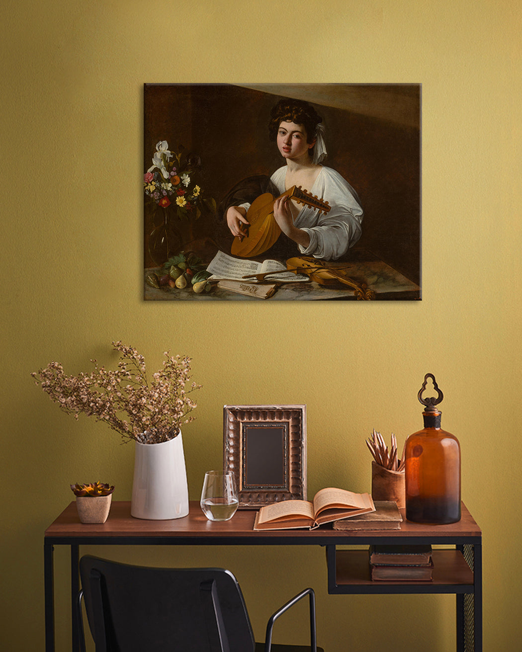 U boho stilu slika na platnu s motivom Michelangelo Caravaggio - Lutnista, cvijeće, violina, muzički motiv, priroda u bijelo-zlatnih nijansama, pogodan za kuhinje – glavna