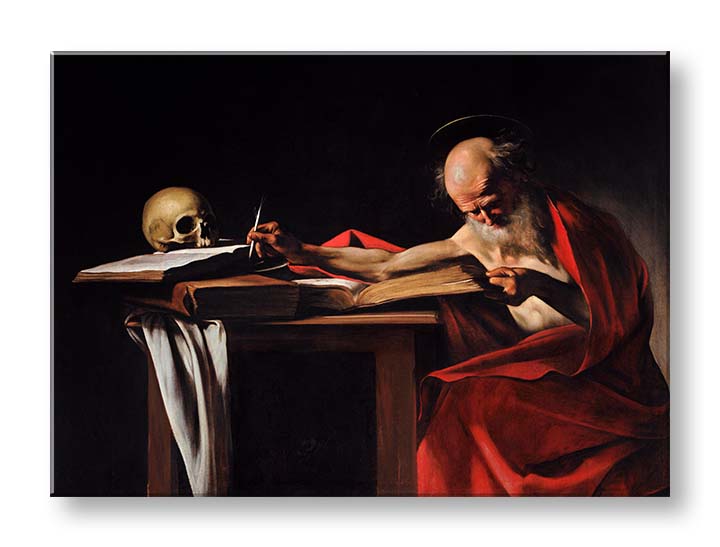 Vintage slika na platnu s motivom Michelangelo Caravaggio - Sveti Jeroným, lobanja, mapa u smeđe-crvenih nijansama, svečana atmosfera, pogodan za radne sobe – proizvod, pogled 2
