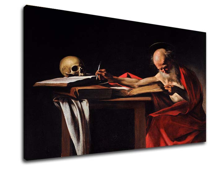 Vintage slika na platnu s motivom Michelangelo Caravaggio - Sveti Jeroným, lobanja, mapa u smeđe-crvenih nijansama, svečana atmosfera, pogodan za radne sobe – proizvod