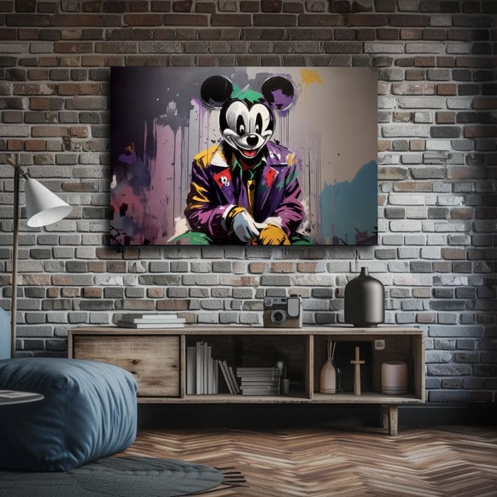 Pop art slika na platnu s motivom Mickey Mouse z Horroru, dječji motiv u ljubičasto-zelenih nijansama, drska atmosfera, pop kultura i nostalgija | Slika na platnu - Mickey Mouse z Horroru – proizvod