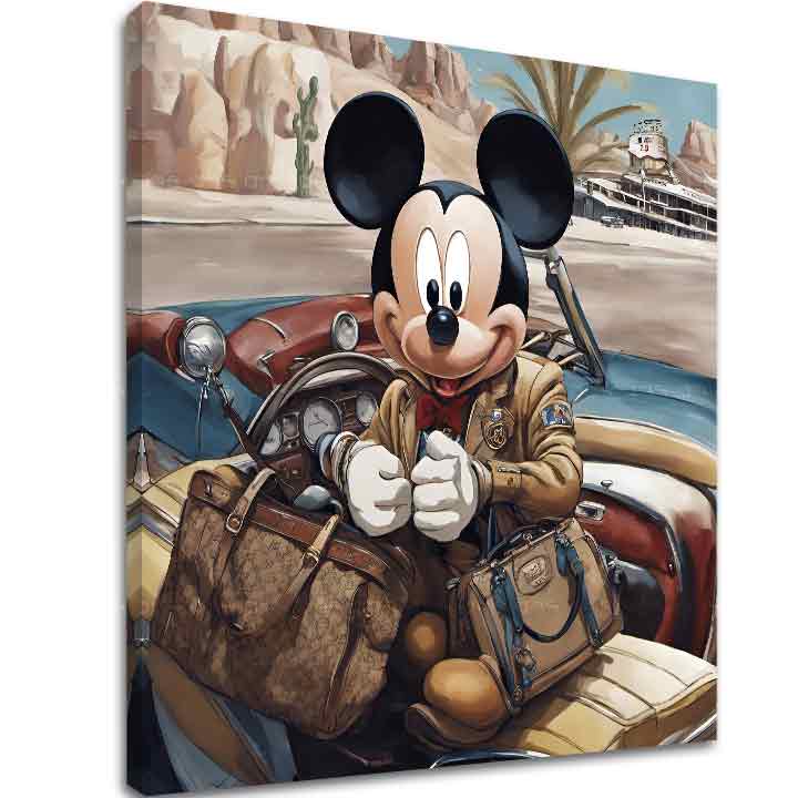 Vintage slika na platnu s motivom Mickey Mouse na Dovolenke, pejzaž u plavo-crvenih nijansama, avantura i nostalgija, pogodan za dječije sobe – glavna