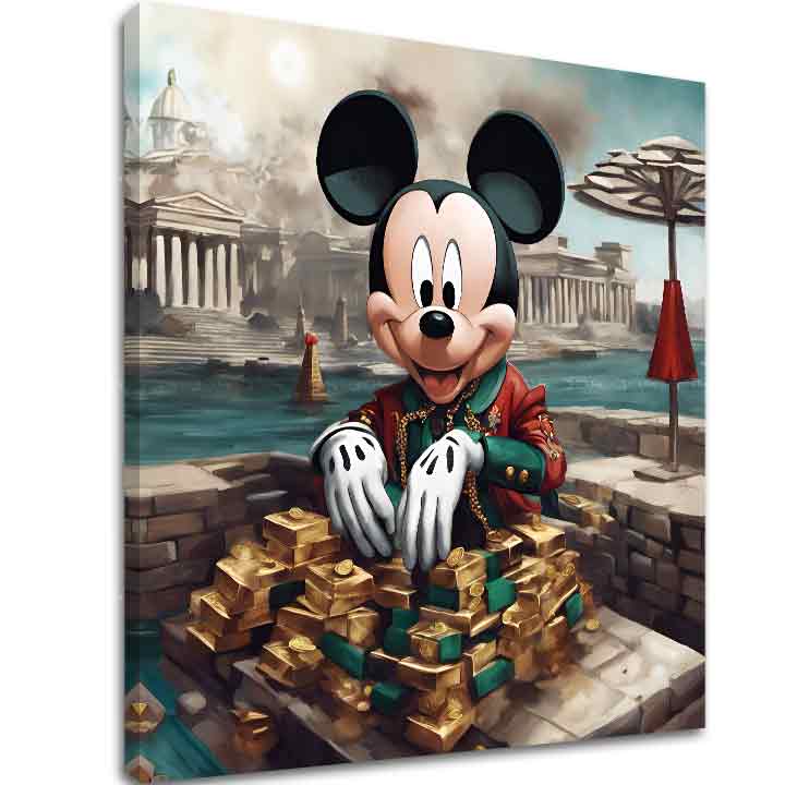 Industrijski slika na platnu s motivom Mickey Mouse v Luxuse, dječji motiv u zlatnih nijansama, pop kultura, pogodan za dnevnog boravka | Slika na platnu - Mickey Mouse v Luxuse – glavna