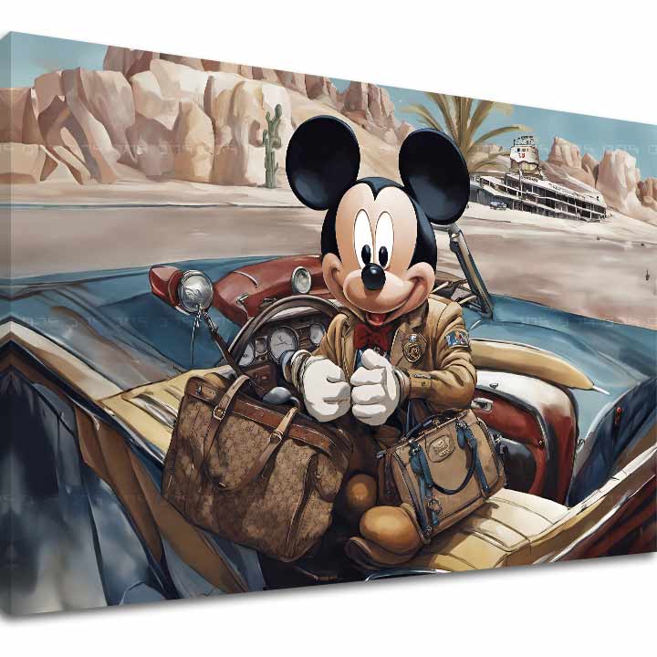 Pop art slika na platnu s motivom Štýlový Mickey Mouse, automobil, putnički motiv u plavo-crvenih nijansama, avantura i nostalgija – glavna