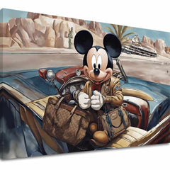 Pop art slika na platnu s motivom Štýlový Mickey Mouse, automobil, putnički motiv u plavo-crvenih nijansama, avantura i nostalgija – glavna