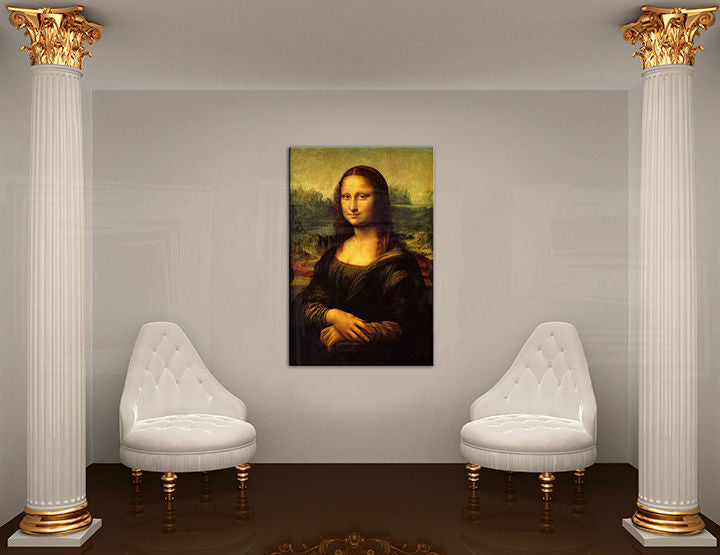 Pop art slika na platnu s motivom MONA LISA – Leonardo Da Vinci, pejzaž, gradski motiv, priroda u bijelo-zlatnih nijansama okačena u enterijeru radne sobe – enterijer