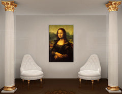 Pop art slika na platnu s motivom MONA LISA – Leonardo Da Vinci, pejzaž, gradski motiv, priroda u bijelo-zlatnih nijansama okačena u enterijeru radne sobe – enterijer
