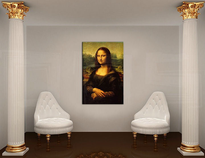Pop art slika s motivom MONA LISA – Leonardo Da Vinci, pejzaž, gradski motiv u bijelo-zlatnih nijansama | Slika na platnu MONA LISA – Leonardo Da Vinci – pregled