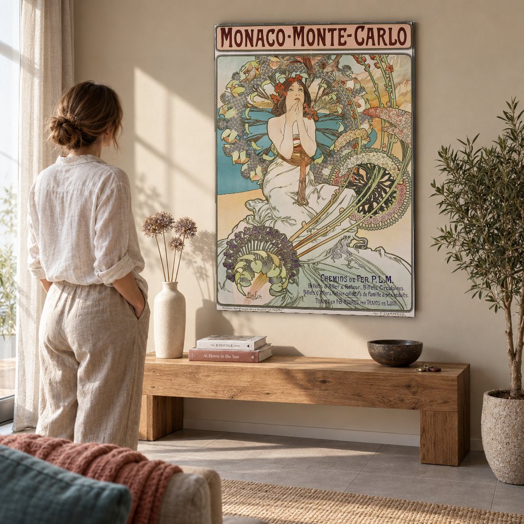 Slika na platnu Monako Monte Carlo – Alfons Mucha u dnevnoj sobi