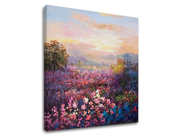 Moderan slika s motivom polje, drveće, planine u ljubičasto-plavih nijansama | Slika na platnu KRAJINA, priroda i mirna atmosfera – pregled