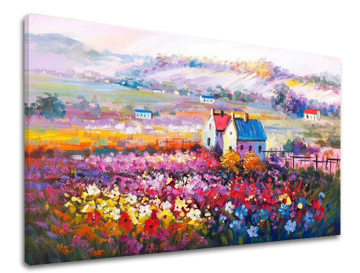 Pop art slika na platnu s motivom pejzaž, cvijeće, religiozni motiv, priroda u višebojnih nijansama, vesela atmosfera, proljetna atmosfera i dom – proizvod