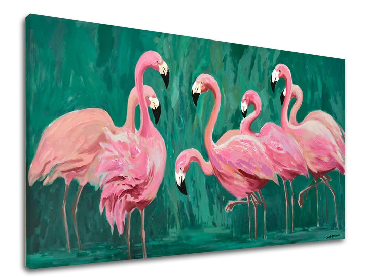 Pop art slika s motivom PLAMENIAKY, ptice u ružičasto-zelenih nijansama | Slika na platnu PLAMENIAKY, tropski raj i priroda – pregled