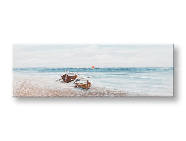 U boho stilu slika na platnu s motivom PLAŽA, okean, pejzaž, more i plaža u bijelo-bežih nijansama, mirna atmosfera, primorski život, pogodan za dnevnog boravka – glavna