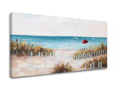 U boho stilu slika na platnu s motivom PLAŽA, okean, more i plaža u bijelo-bežih nijansama, mirna atmosfera, primorski život i priroda, pogodan za hodnika – proizvod
