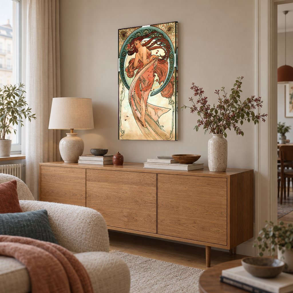 Slika na platnu Ples – Alfons Mucha u dnevnoj sobi