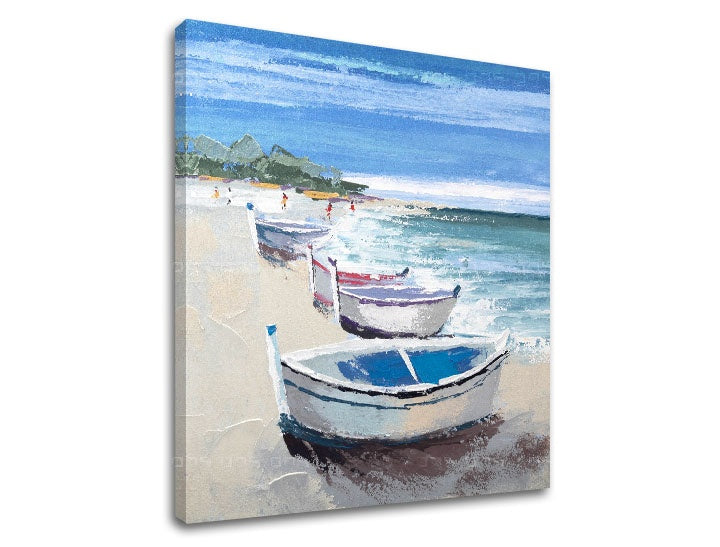 U boho stilu slika s motivom ČAMCI V PRÍSTAVE, plaža, okean u bijelo-bežih nijansama | Slika na platnu ČAMCI V PRÍSTAVE – pregled