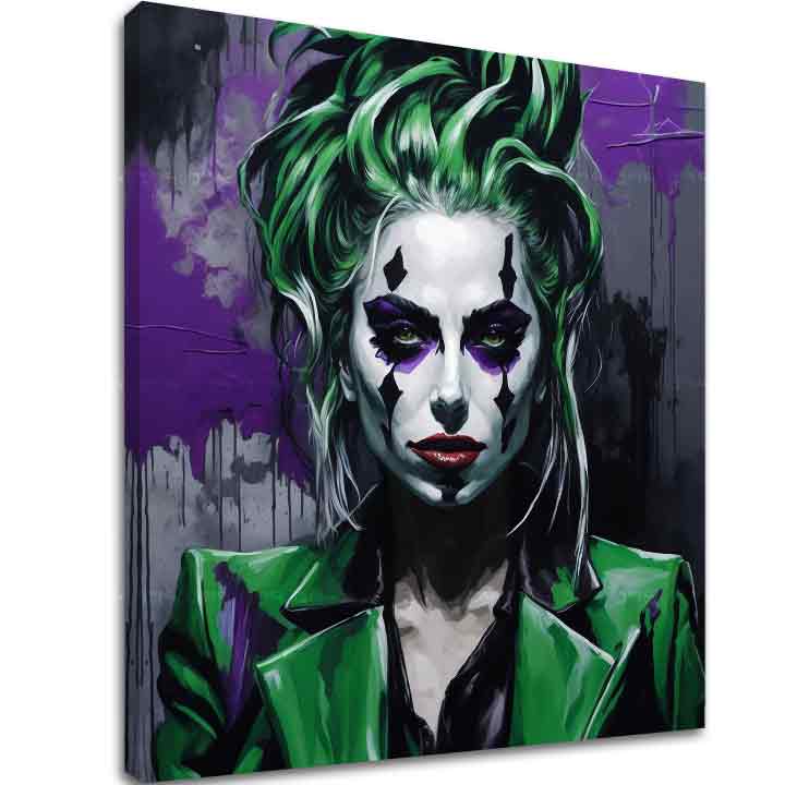 Pop art slika na platnu s motivom Popová Diva Lady Gaga u ljubičasto-zelenih nijansama, drska atmosfera, pogodan za dnevnog boravka | Slika na platnu - Popová Diva Lady Gaga – glavna
