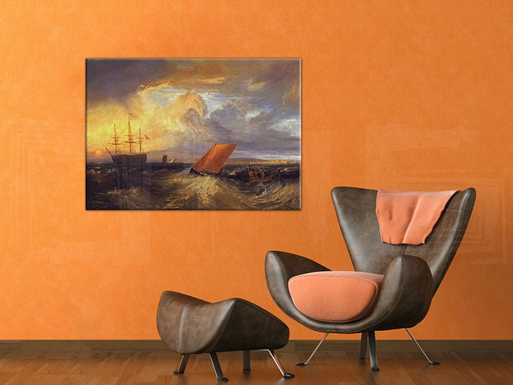 Vintage slika s motivom SHEERNESS VISTA DAL NORE – William Turner, okean, zalazak sunca u plavo-narandžastih nijansama – pregled