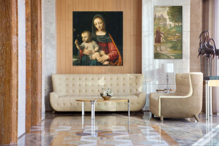 Vintage slika s motivom REPRODUKCIA – Leonardo da Vinci, cvijet, mapa u plavo-crvenih nijansama | Slika na platnu REPRODUKCIA – Leonardo da Vinci – pregled