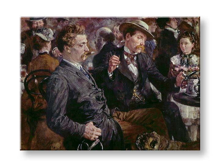 Moderan slika na platnu s motivom Adolf Menzel - Na pivnej záhrade, pas u smeđe-bijelih nijansama, gradski život | Slika na platnu Adolf Menzel - Na pivnej záhrade – proizvod