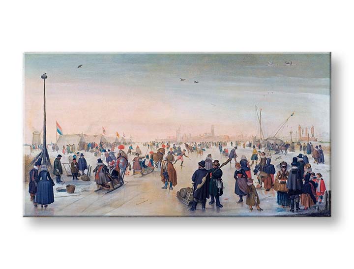 Moderan slika na platnu s motivom Hendrick Avercamp - Zábava na lade v meste, ptice u smeđih nijansama, živahna atmosfera | Slika na platnu Hendrick Avercamp - Zábava na lade v meste – proizvod