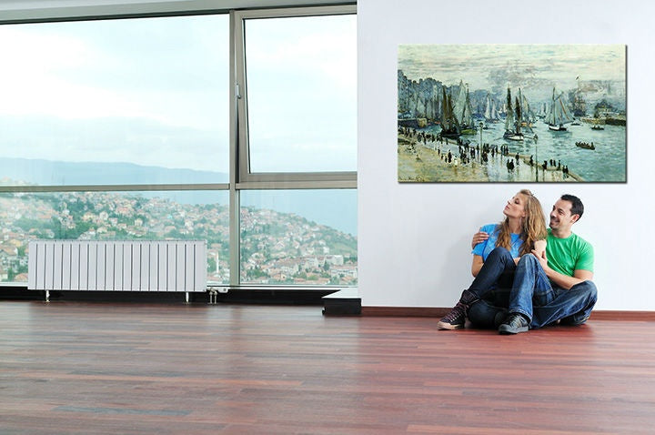 Vintage slika s motivom luka, panorama grada, mapa u plavo-sivih nijansama | Slika na platnu RYBÁRSKE BRODOVI OPUSTILI PRÍSTAV LE HAVRE – Claude Monet – pregled