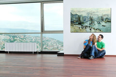 Vintage slika s motivom luka, panorama grada, mapa u plavo-sivih nijansama | Slika na platnu RYBÁRSKE BRODOVI OPUSTILI PRÍSTAV LE HAVRE – Claude Monet – pregled