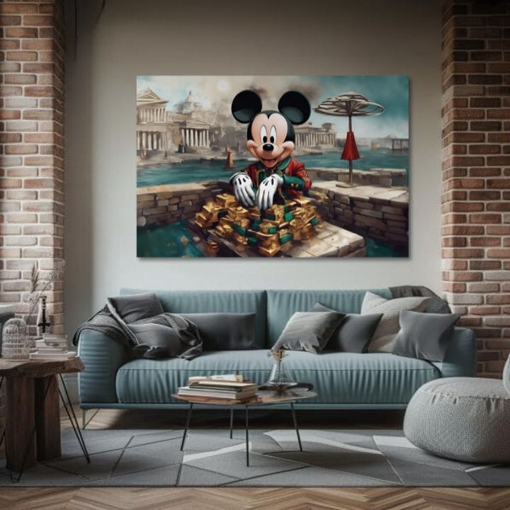 Klasičan slika na platnu s motivom Bohatý Mickey Mouse, dječji motiv, priroda u plavo-zelenih nijansama, pogodan za dnevnog boravka | Slika na platnu - Bohatý Mickey Mouse – proizvod