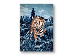 Pop art slika na platnu s motivom TIGER V PRÍRODE 001, tigar, drveće, nebo, oblaci u bijelo-plavih nijansama, mirna atmosfera, pogodan za dnevnog boravka – glavna