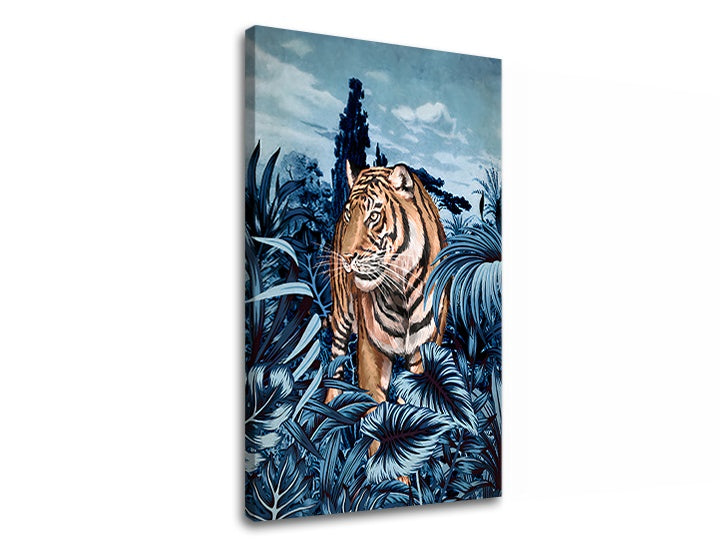 Pop art slika s motivom TIGER V PRÍRODE 001, tigar, drveće u bijelo-plavih nijansama | Slika na platnu TIGER V PRÍRODE 001, priroda – pregled