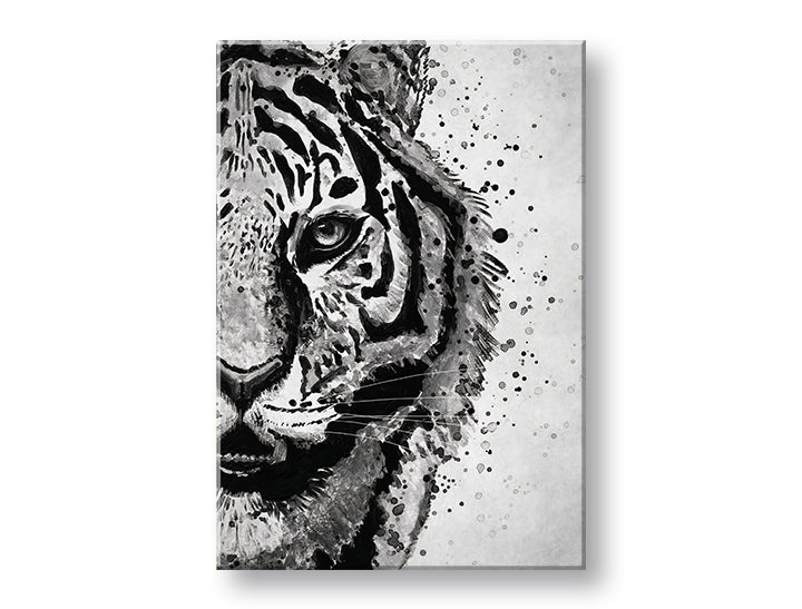 Moderan slika na platnu s motivom TIGER 001, tigar, pejzaž u bijelo-sivih nijansama, intenzivna atmosfera, priroda i snaga, pogodan za radne sobe – glavna