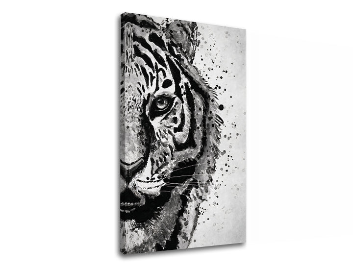 Moderan slika na platnu s motivom TIGER 001, tigar, pejzaž u bijelo-sivih nijansama, intenzivna atmosfera, priroda i snaga, pogodan za radne sobe – proizvod