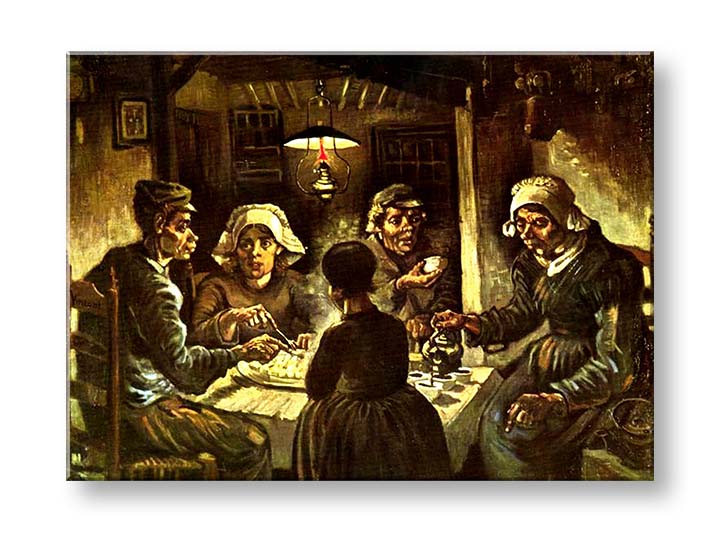 Vintage slika na platnu s motivom Vincent van Gogh - Jedáci zemiakov, mapa, priroda u bež-smeđih nijansama, tmurna atmosfera, pogodan za kuhinje – proizvod, pogled 2